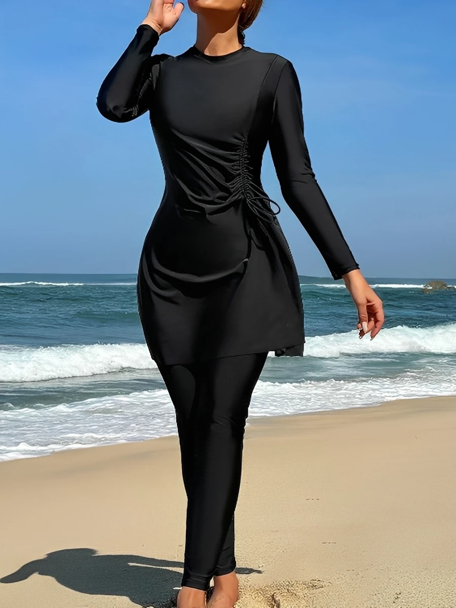 Long Sleeve Swimsuit Women 2026 Beach Dress & Trousers Solid Swimwear Female Beachwear Bathers Bathing Swimming Swim Surf Suit