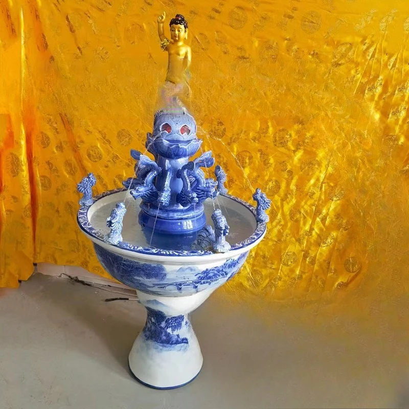 Blue and white ceramic flowing water fish tank, Kowloon spray bath, Buddha basin, home and temple supplies