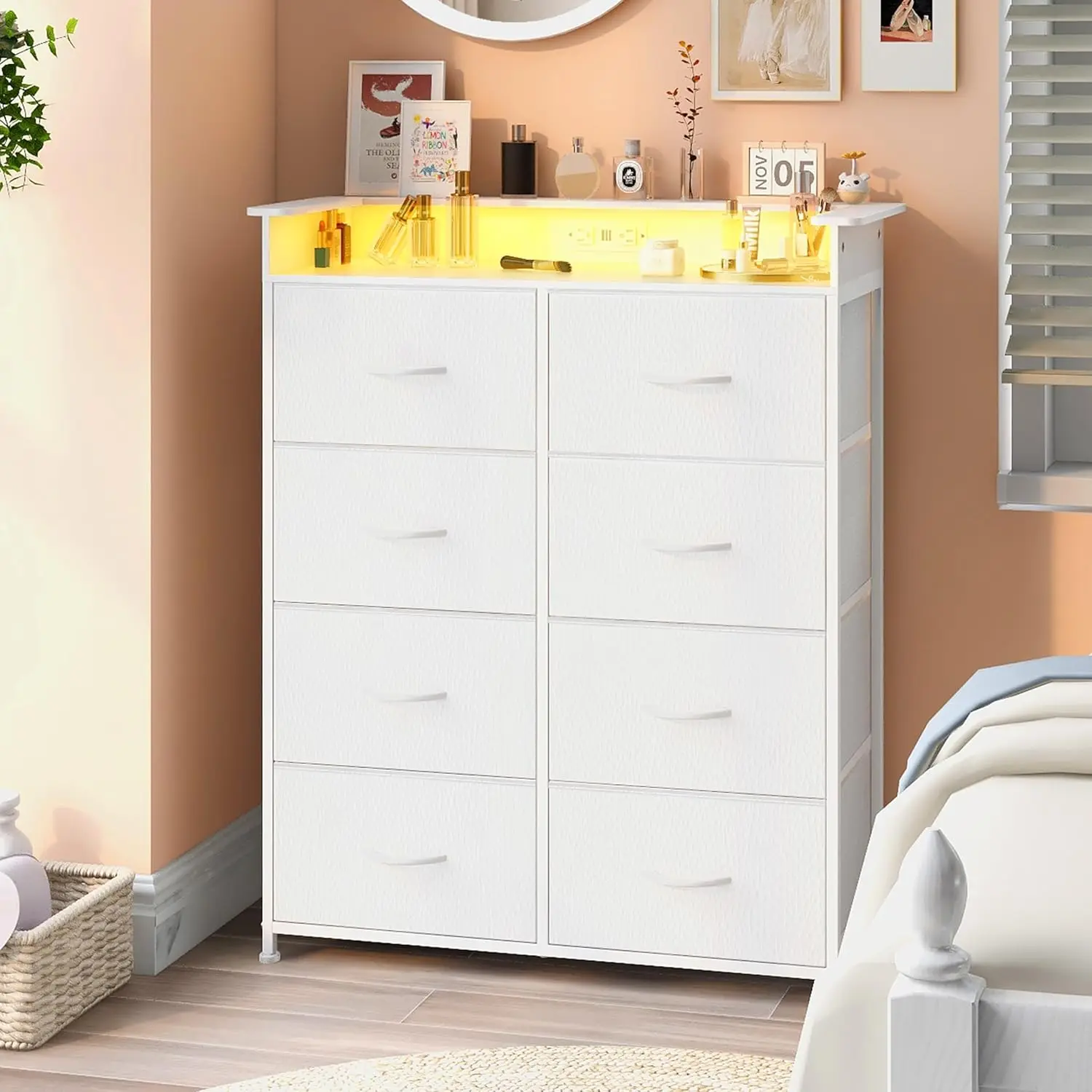 White Dresser with Power Outlets, LED Lights, and 8 Fabric Drawers for Bedroom Storage