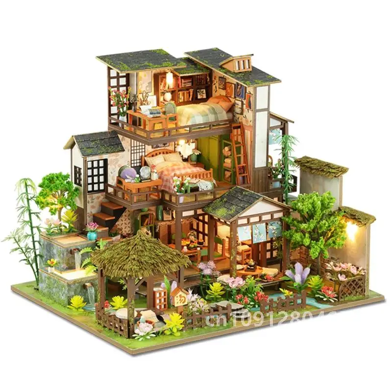 NEW DIY Wooden Miniature Model Kit Bamboo Spring Courtyard Construction Casa 3D Puzzle Dollhouse Home Decor for Friends Gifts