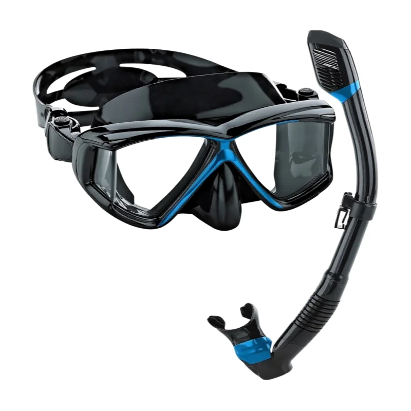 Diving & Swimming Dry Snorkel Mask for Children Silicone Tempered Glass Lenses Black/Blue Snorkeling Use