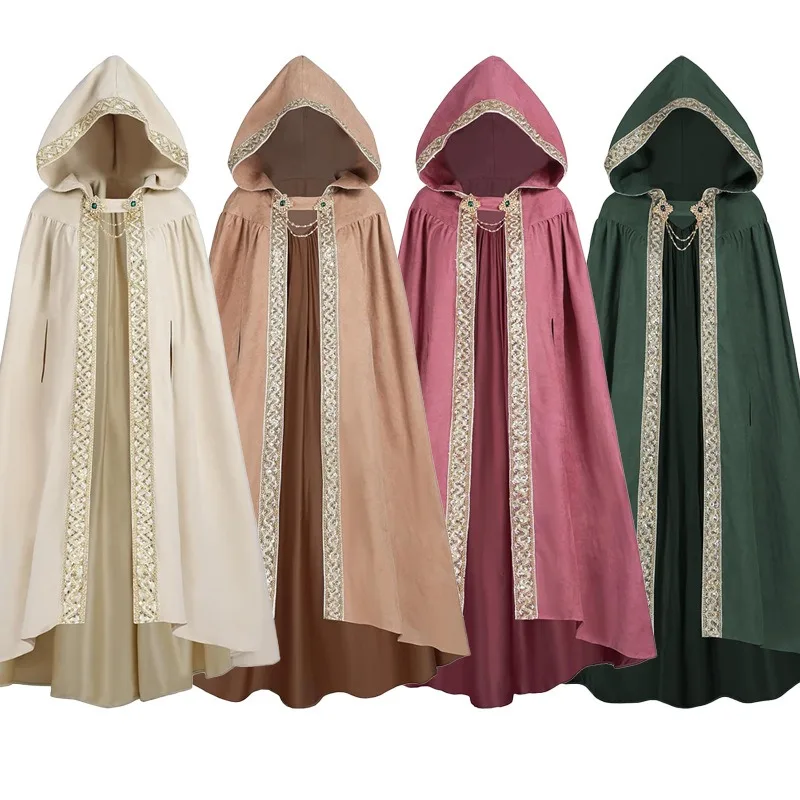 

European Vintage Hooded Cape Ribbon Trimmed Lace-Up Cloak Rustic Farmstead Costume for Anime Cosplay Themed Parties