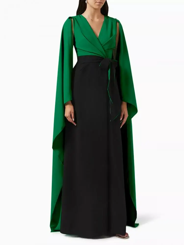 

Missuoo Female Elegant Evening Dresse V-neck Tied High Waist Long Batwing Sleeve Floor Length Dress Contrast Color Pleated Dress