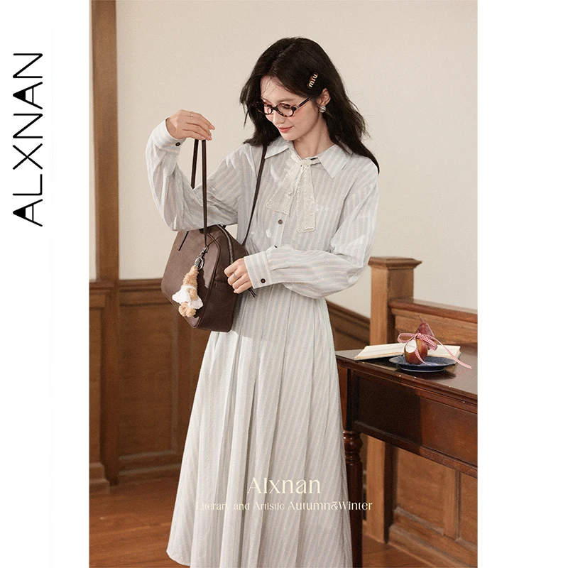 ALXNAN vrouwen Lange Jurk 2023 Herfst Nieuwe Gestreepte Kraag Jurken Lange Mouw A-lijn Elegante Vrouwelijke Kleding L56796