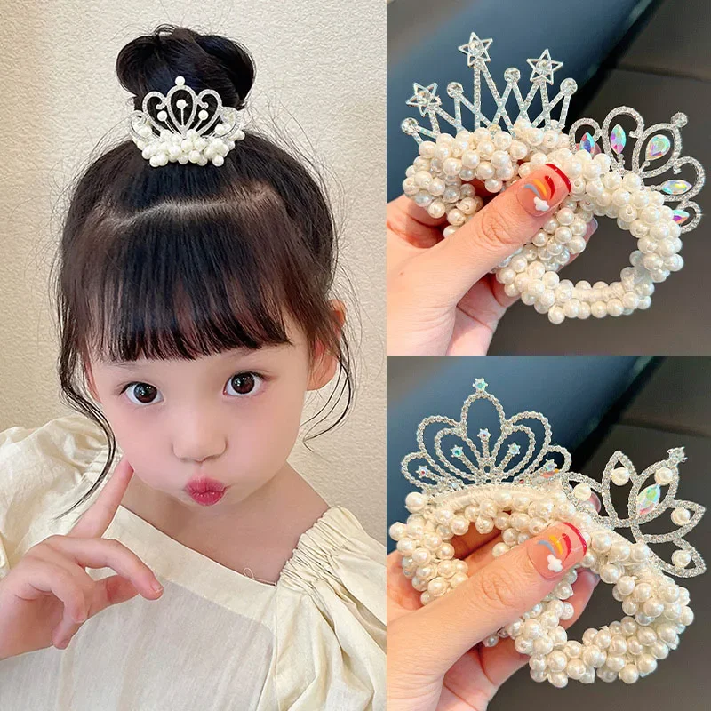 

White Pearl Crown Baby Hair Bands Elastic Rubber Band for Girls Princess Hair Ties Sweet Headwear Girls Hair Accessories