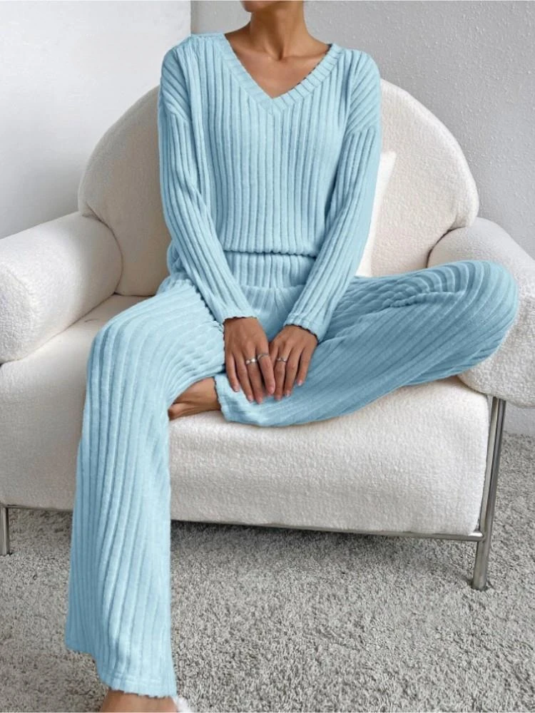 Women Winter Pajamas 2 Piece Sets Long Sleeve V-neck Knitted Home Clothes Elastic Waist Loose Pants Solid Female Suit