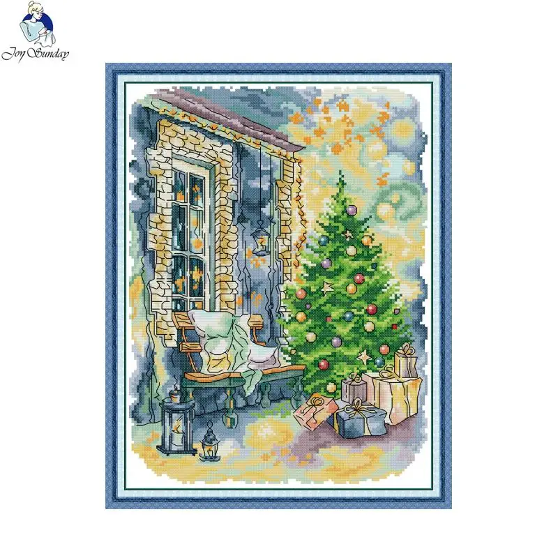 Christmas tree in front of the window Cross Stitch Set 14CT 11CT White Count Printed Fabric Kit Needlework Embroidery Home Decor