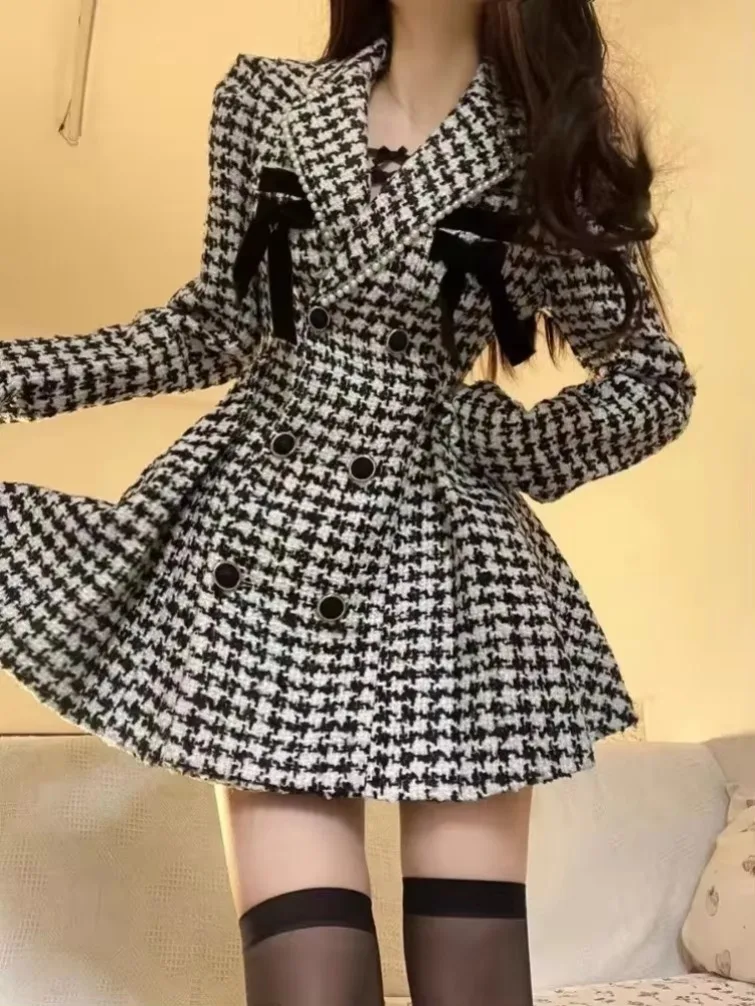 

Elegant Vintage Lapel Neck Houndstooth Dresses Y2k E-Girl Slim Waist New Dress for Women Spring Long Sleeve Vestidos Mujer