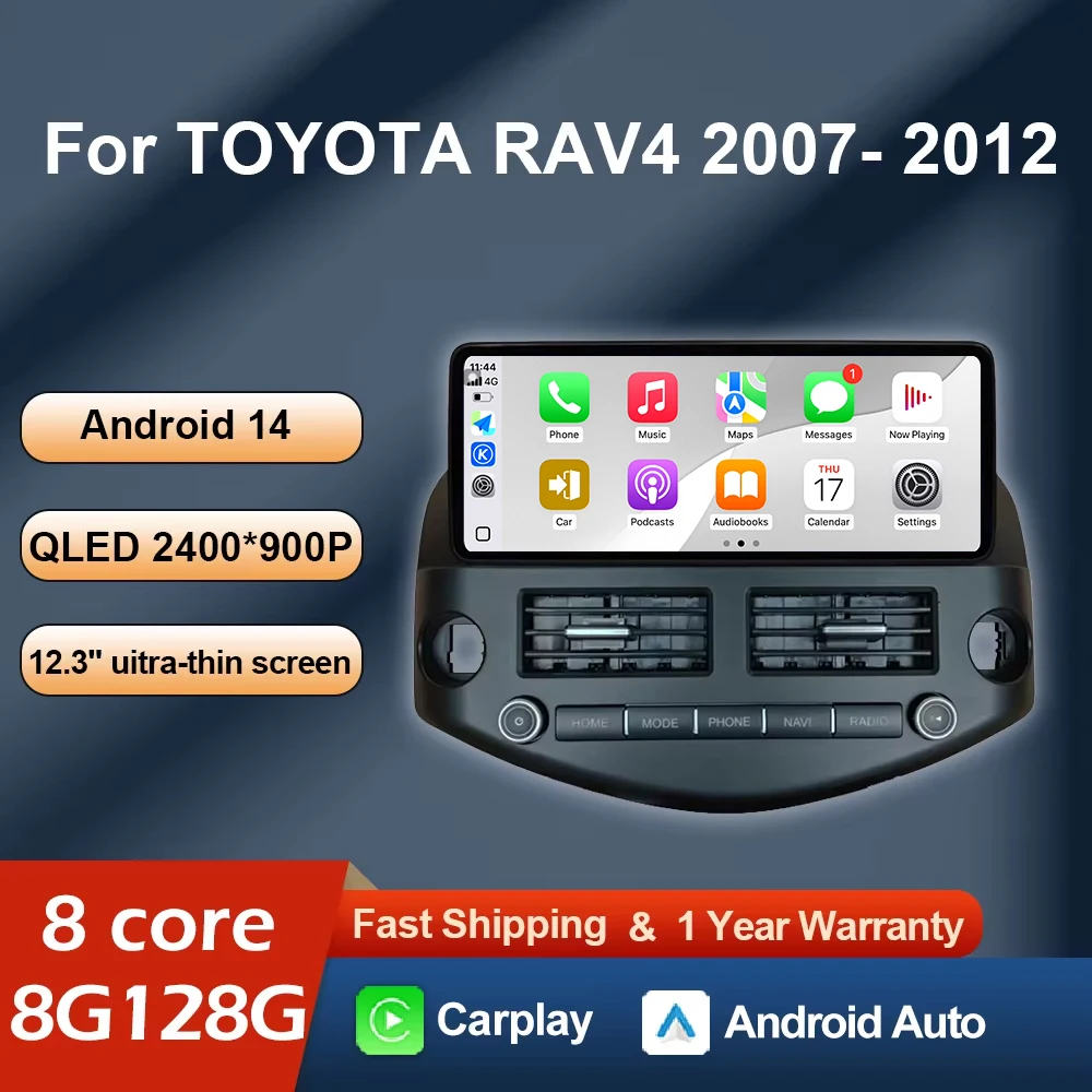 

12,3-дюймовый беспроводной CarPlay для TOYOTA RAV4 2007 2008-2012 Android 14 Автомобильный радиоприемник Мультимедийная DSP-навигация GPS 4G WIFI QLED Экран BT