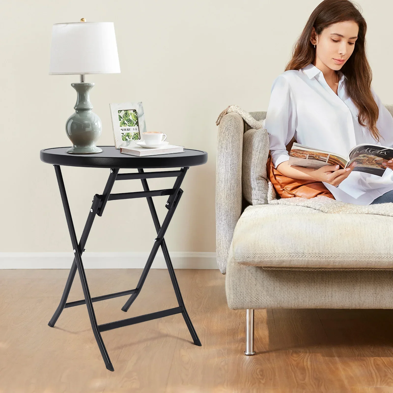 Mesa de centro dobrável redonda de 60 cm, capacidade de 120 kg - Mesa lateral portátil interna e externa para pátio, jardim, varanda, sala de estar