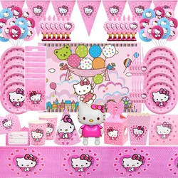 Cubiertos desechables con temática de Hello Kitty para fiesta de cumpleaños de niña, vasos de papel, servilletas, globos de gato KT favoritos de los niños, decoración de fiesta