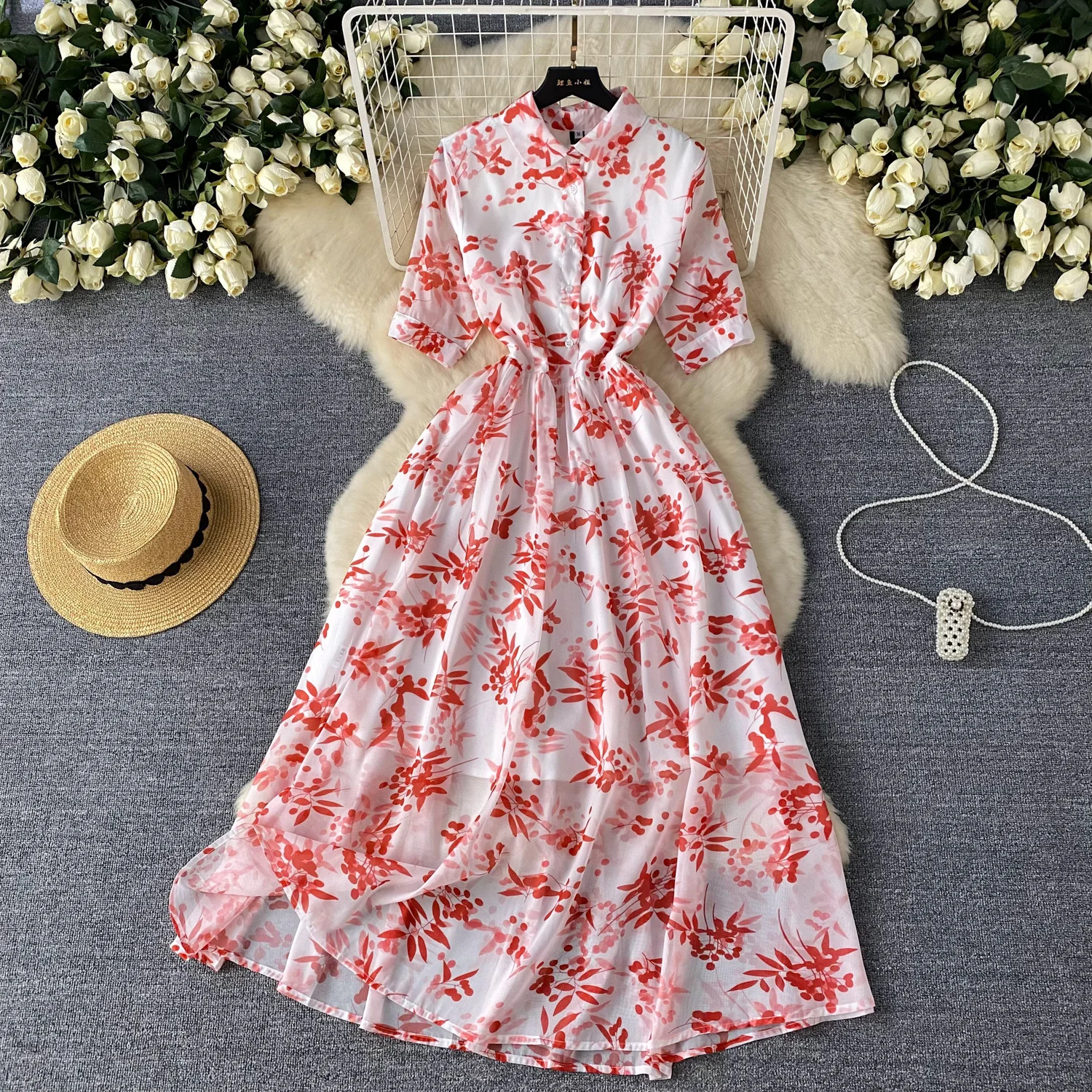

French Retro Sweet Elegant Print Dress Basics Short Sleeve Casual Lapel High Waist Women Summer Dresses