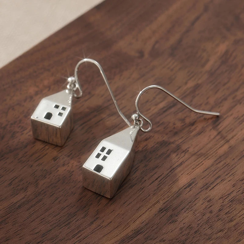 خمر بسيط فضي اللون المعادن نحت البيت تصميم نمط استرخى أقراط للنساء مجوهرات #5