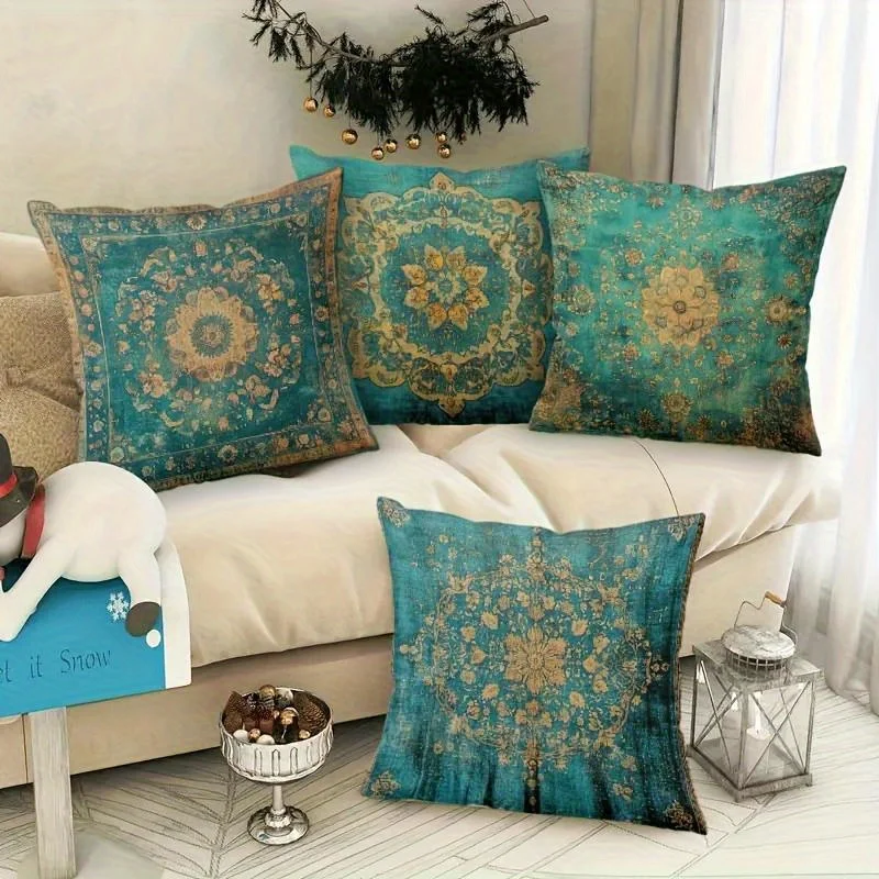 4 Fundas  Cojín Retro Francesas Vintage en Cian y Dorado con Flores - Patrones Botánicos Azul Turquesa y Dorado, Fundas  Coj