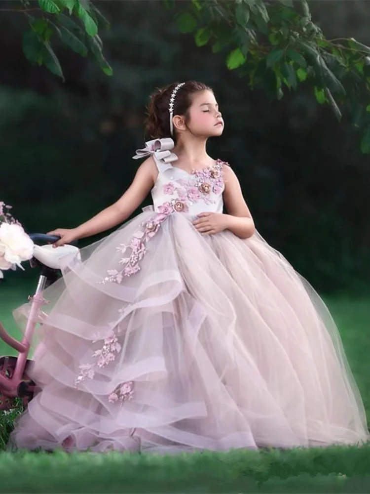 Tiered Tulle Princess Puffy Flower Girl Dresses Baby Wedding Party High-low Kid Gowns First Communion Dresses Birthday