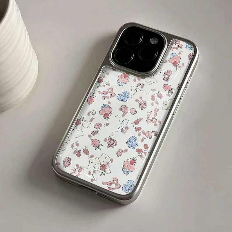 Ins FLOWERS&CAKES Hydrogel-Rückplatte, silberner Rand, stoßfeste Handyhülle für iPhone 17, 16, 15, 14 Pro Max