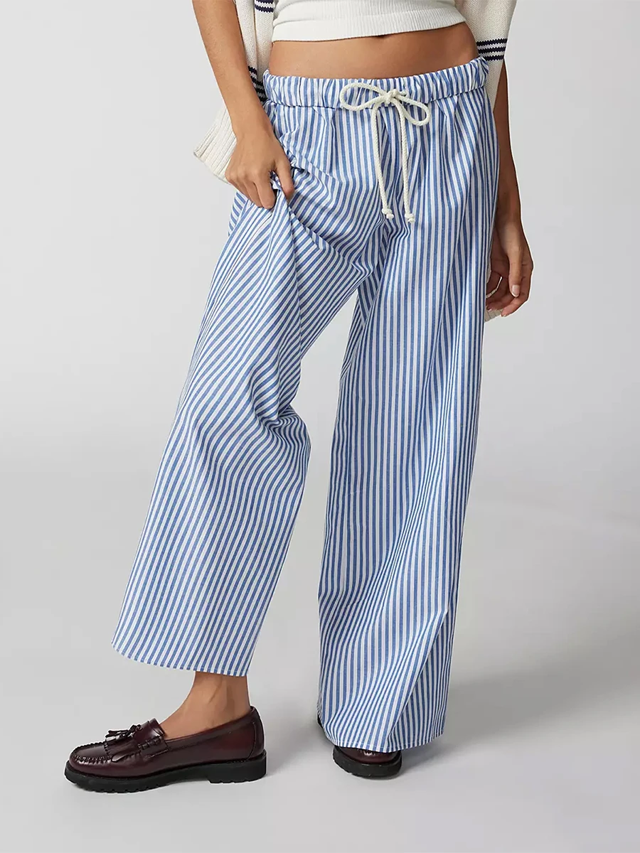 

Women s Y2k Pants Striped Wide Leg Pants Casual Comfy Drawstring Elastic Waist Pajama Pants Loungerwear