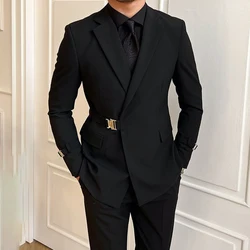 Chaqueta de traje negra de estilo británico para hombre, elegante caballero de negocios, vestido Formal profesional, cinturón de cuerpo, doble botonadura