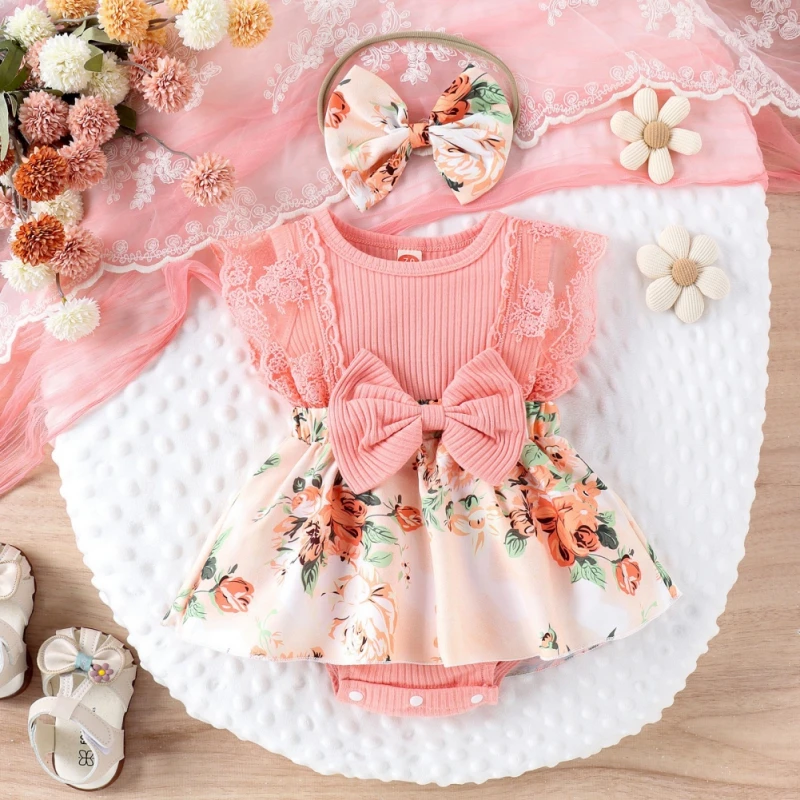 

Summer Baby Girls Dress Clothing Floral Romper Sleeveless Print Bow Romper Dress with Headband Set Infant Girls Clothes D2L