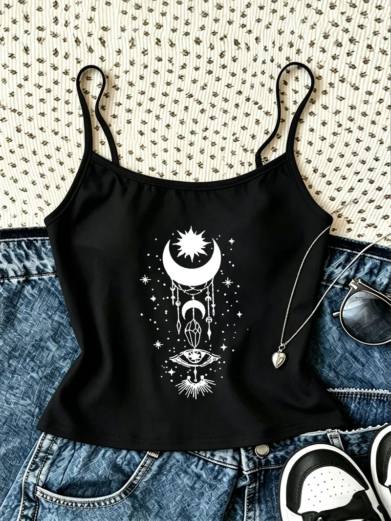Vintage Mond-Print Harajuku Retro Lässiges Crop-Top Weste Camisole Top Weiches 90er-Jahre Damen Tanktop Kleidung