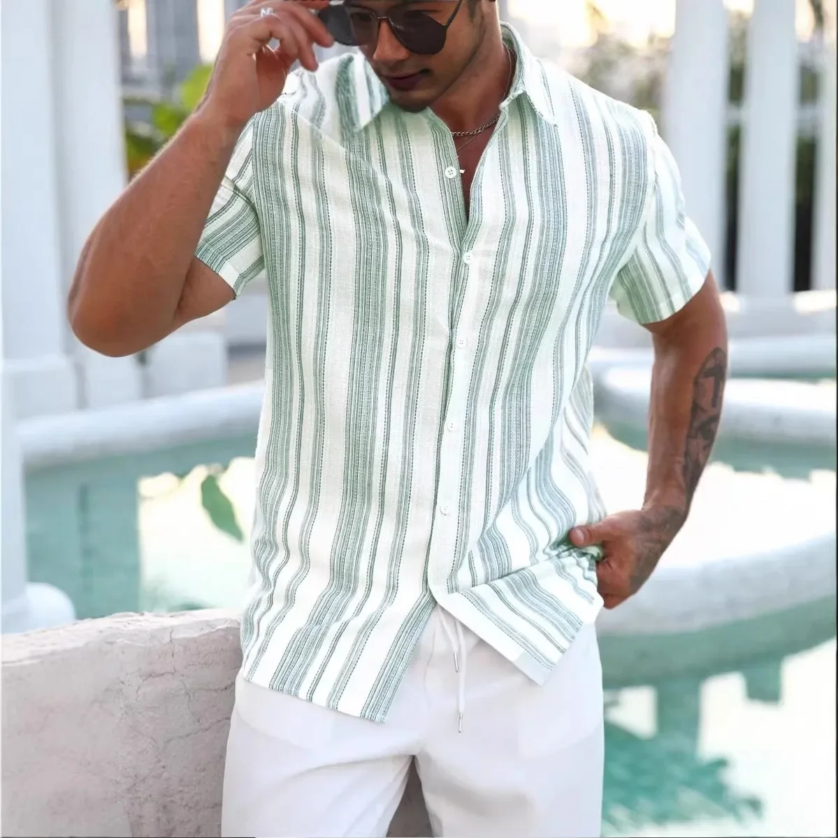 

Spring Summer New Men Clothes Short Sleeve 3D Digital Print Button Shirt Men Simple Style Stripe Lapel Shirt Tops