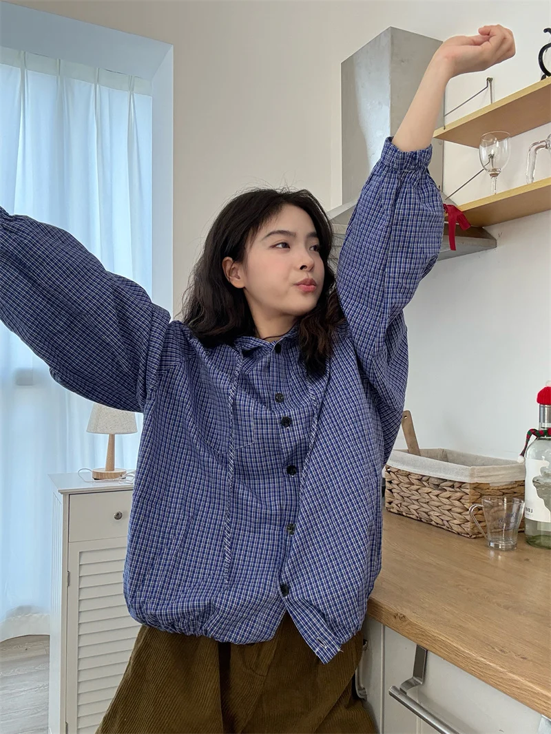 Bleu Plaid à capuche Protection solaire irt Jaet femmes été décontracté ample Long Sve haut PPHOME coton Polyester mélange