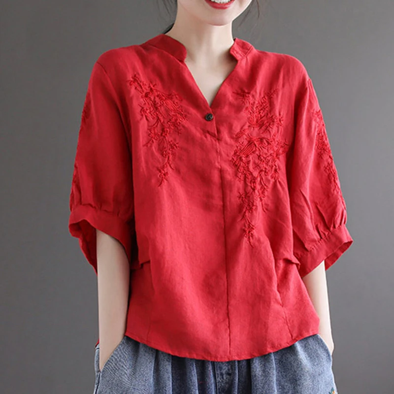 Vintage Floral Embroidery V Neck Half Sleeve Casual Loose Shirt 4XL Art Style Womens Tops 100% Cotton Summer Top for Women