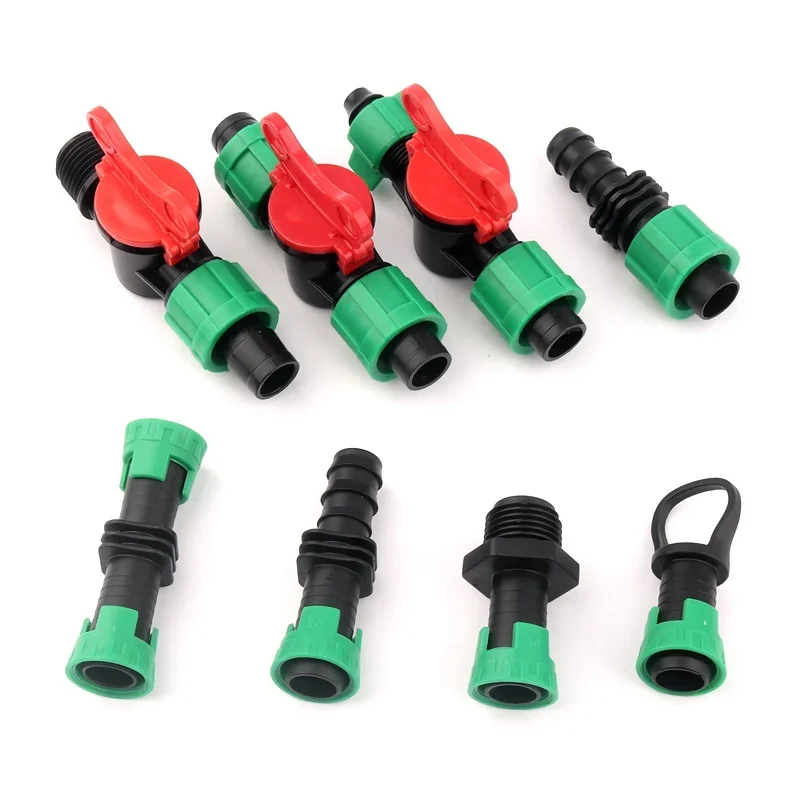 5 pieces set 16 millimeter drip tape fittings with threaded lock shut-off mechanism elbow and tee connectors for garden irrigati