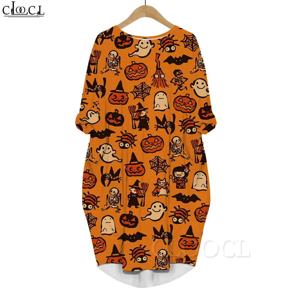 

CLOOCL Happy Halloween Long Sleeves Dress Halloween Witch Ghost Spider Black Cat Pattern 3D Printed Dresses with Pocket