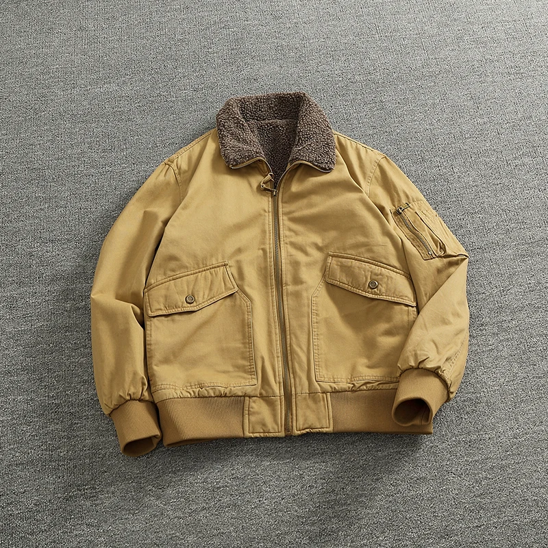 

American Retro Men's Cotton Jaet Flight Coat Thiened Warm Loose Winter Faion Ci Sle ort Zipper Closure Coat