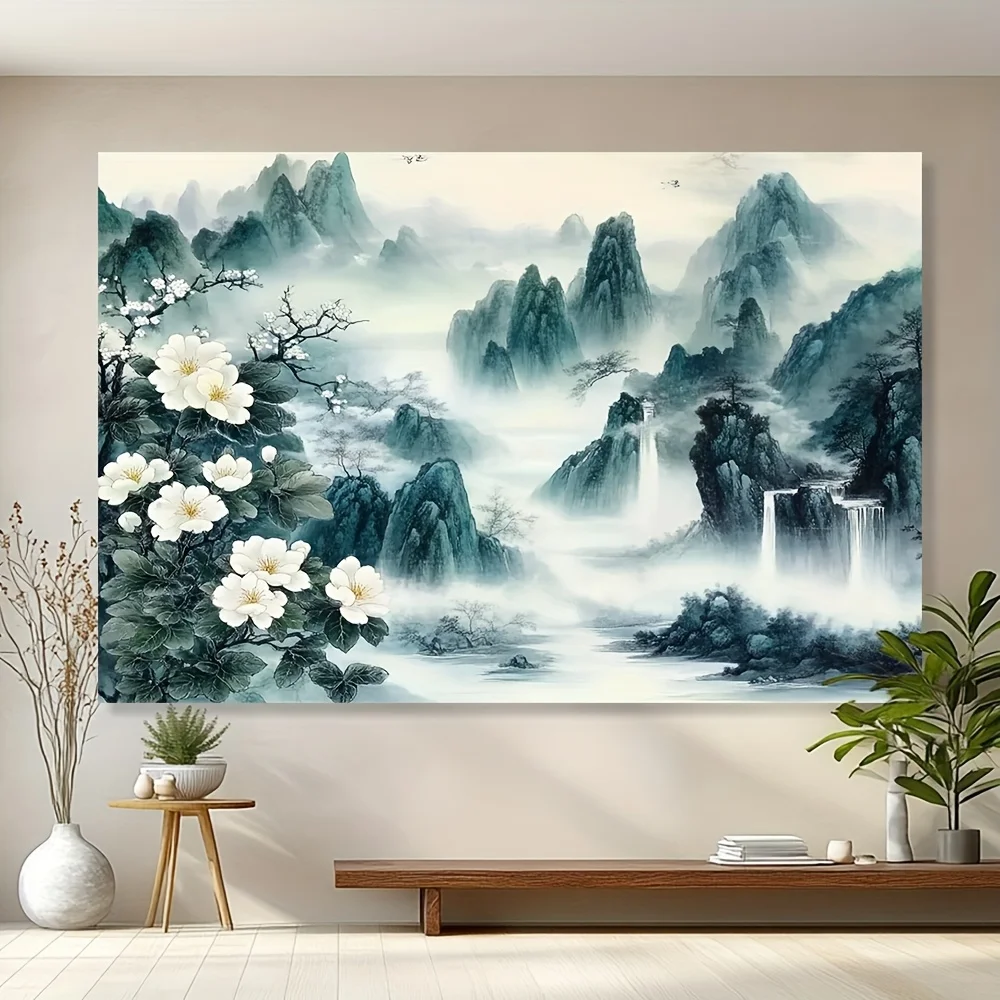 1pc Floral landscape waterfall pattern tapestry, polyester fabric, machine washable, suitable for bedrooms and living rooms.