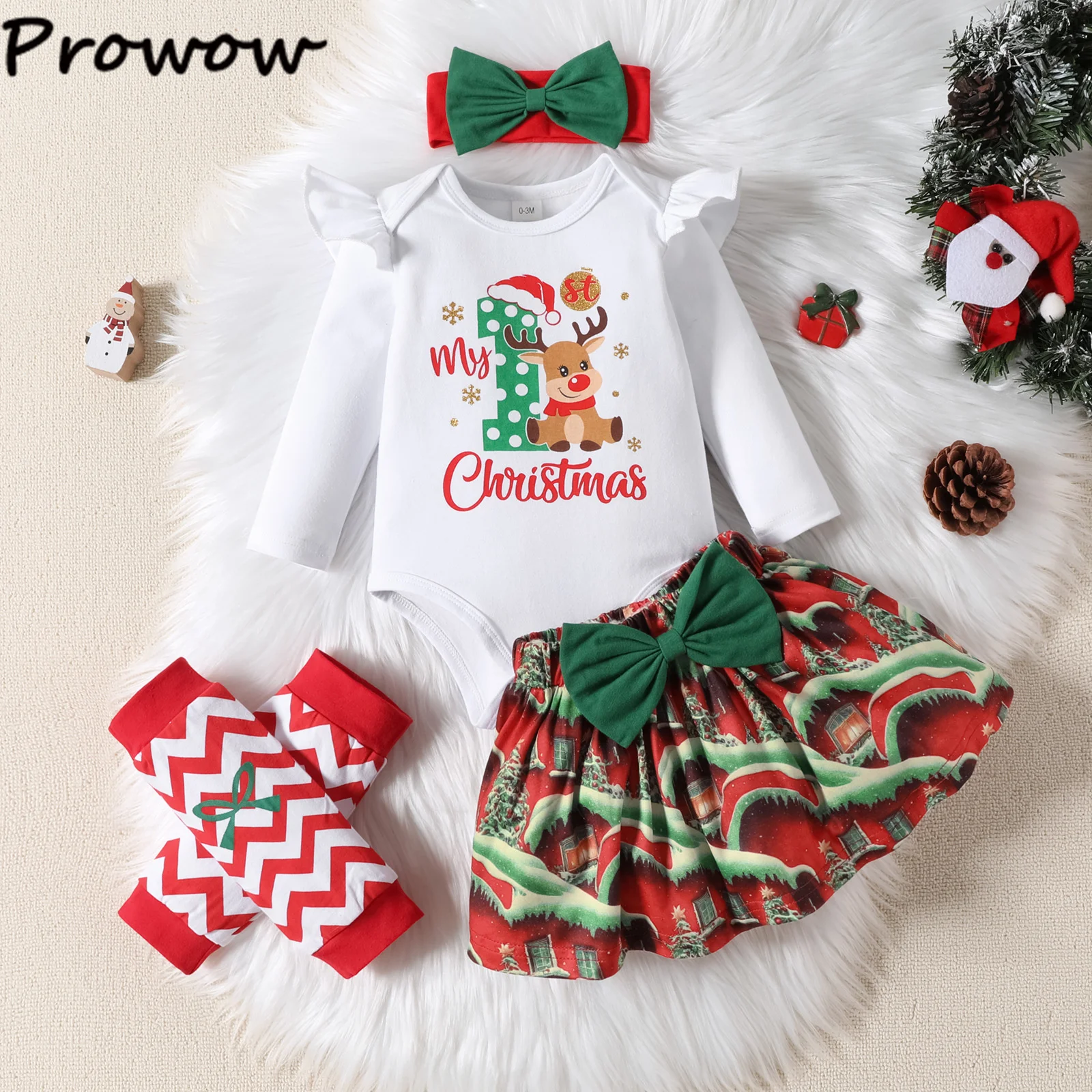 Prowow My First Christmas Baby Girl Clothes Sets 4pcs Deer Romper+Skirts+Headband+Leg Warmer 2025 New Year Baby Girl Outfits