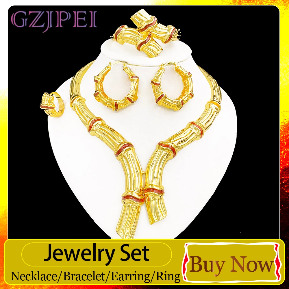 

GZJPEI 4PCS Luxury Gold Color Jewelry Set Classic Bamboo Knot Jewelry For Women Party Gift Nigerian Dubai Ethiopia Jewellery