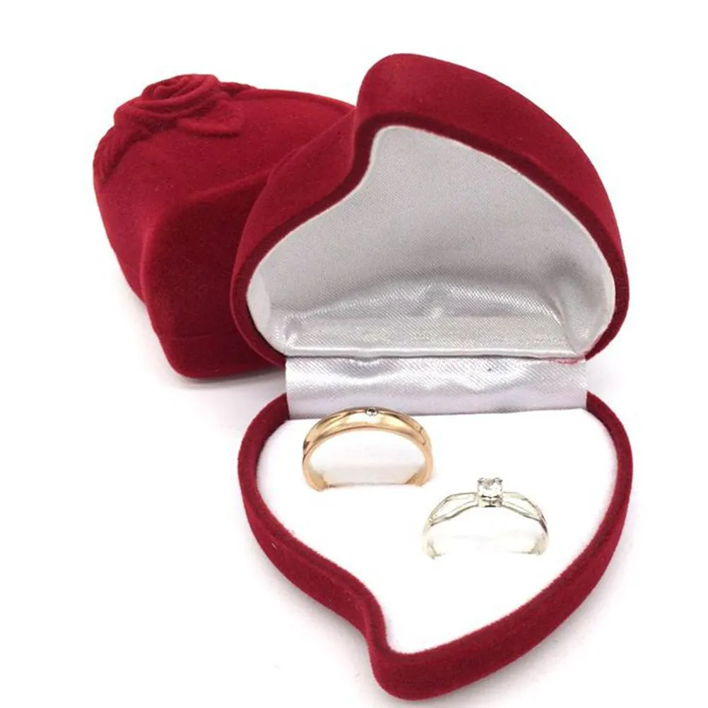 Heart Shaped Ring Box Double Ring Storage Case Red Rose Flower Design Wedding Engagement Party Gift Holder Valentine's Day
