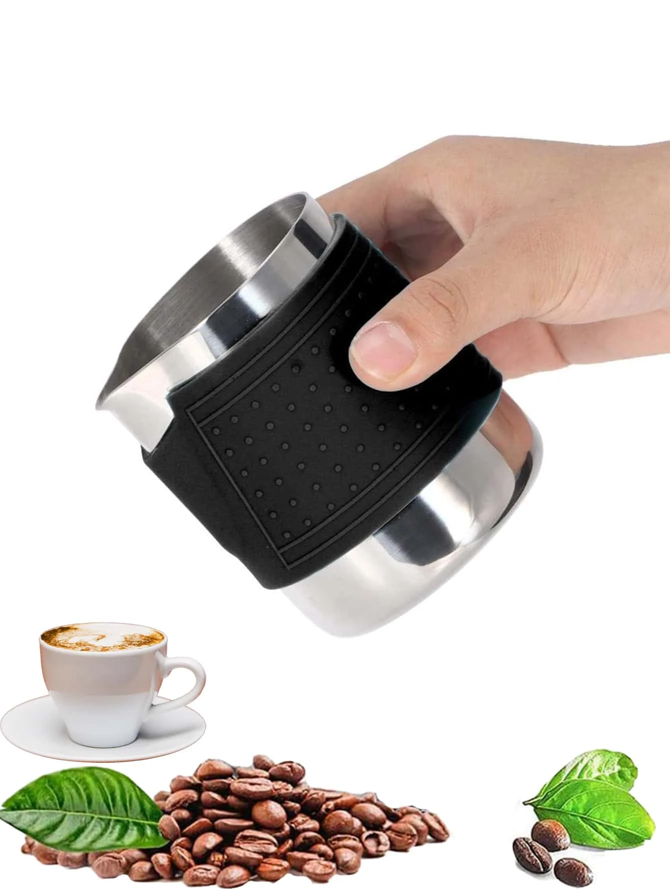 Leeseph Milk Frothing Pitcher Latte Cup,Frothing Cup with Anti-Scald Black Silicone Sleeve Cappuccino Milk Froth,Stainless Steel