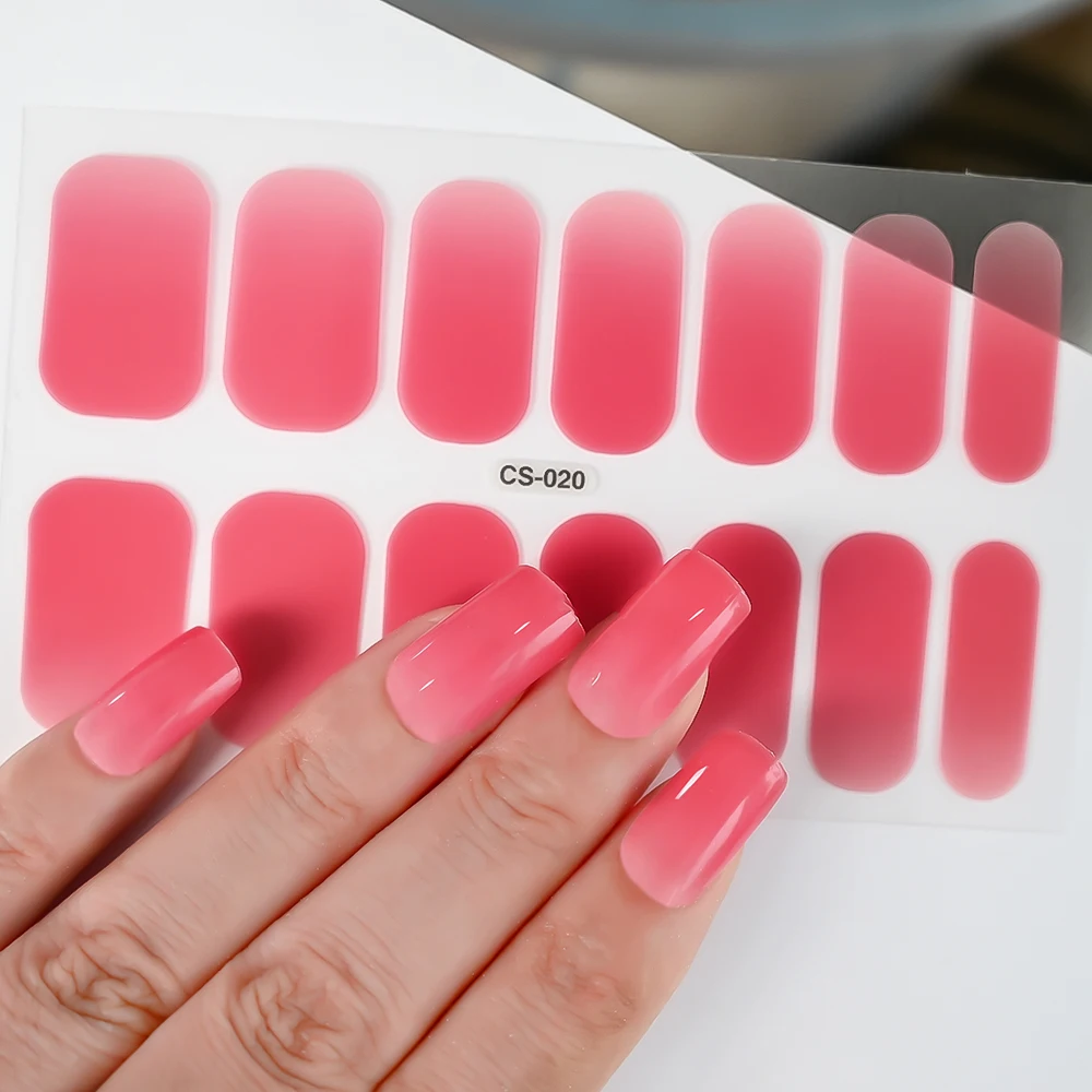 14Tips Gradient/Solid Color Nail Art Stickers Full Cover UV Gel Polish Nails Wraps Semi-Cured Self-Adhesive Manicure Patches *&#