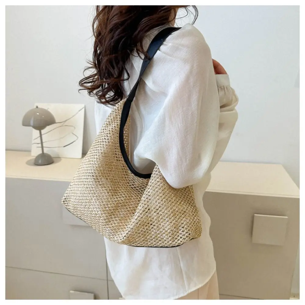 Fashion Bucket Bag Woven Bag Straw Purses Underarm Bag Solid Color Large Capacity Totes Bag Ladies