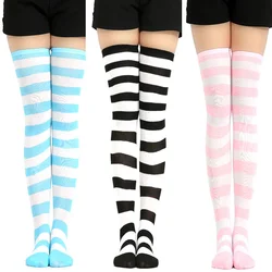 Kawaii Japanese Anime Overknee Cosplay Stocking Meias Lolita Tights Thigh High Striped Stockings Blue & White on Sale