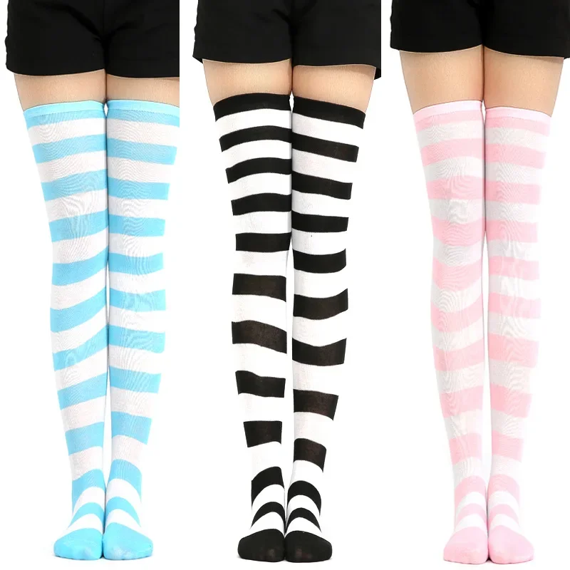 Kawaii japońskie anime Overknee Cosplay Stocking Meias Lolita rajstopy zakolanówki pończochy w paski niebiesko-białe na wyprzedaży