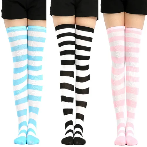 Medias Kawaii de Anime japonés por encima de la rodilla, medias de Cosplay Meias Lolita, medias altas hasta el muslo a rayas, azul y blanco, a la venta