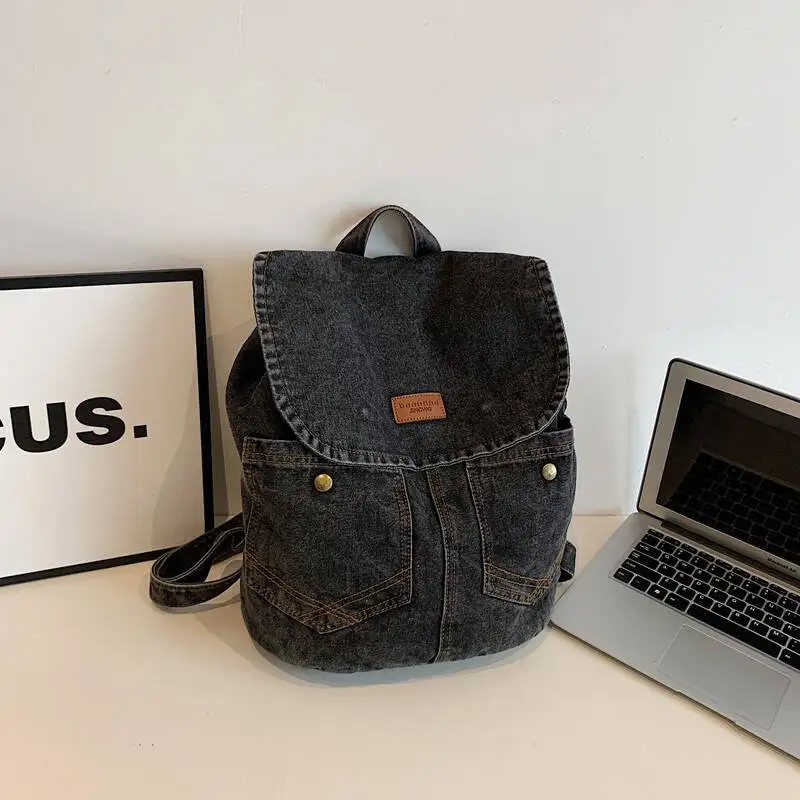 جديد ريترو الدنيم حقيبة الظهر غطاء الوجه جان جيب الأجهزة النحاسية الجلود التسمية عادية اليومية المدرسة الحد الأدنى حقيبة الظهر الموضة