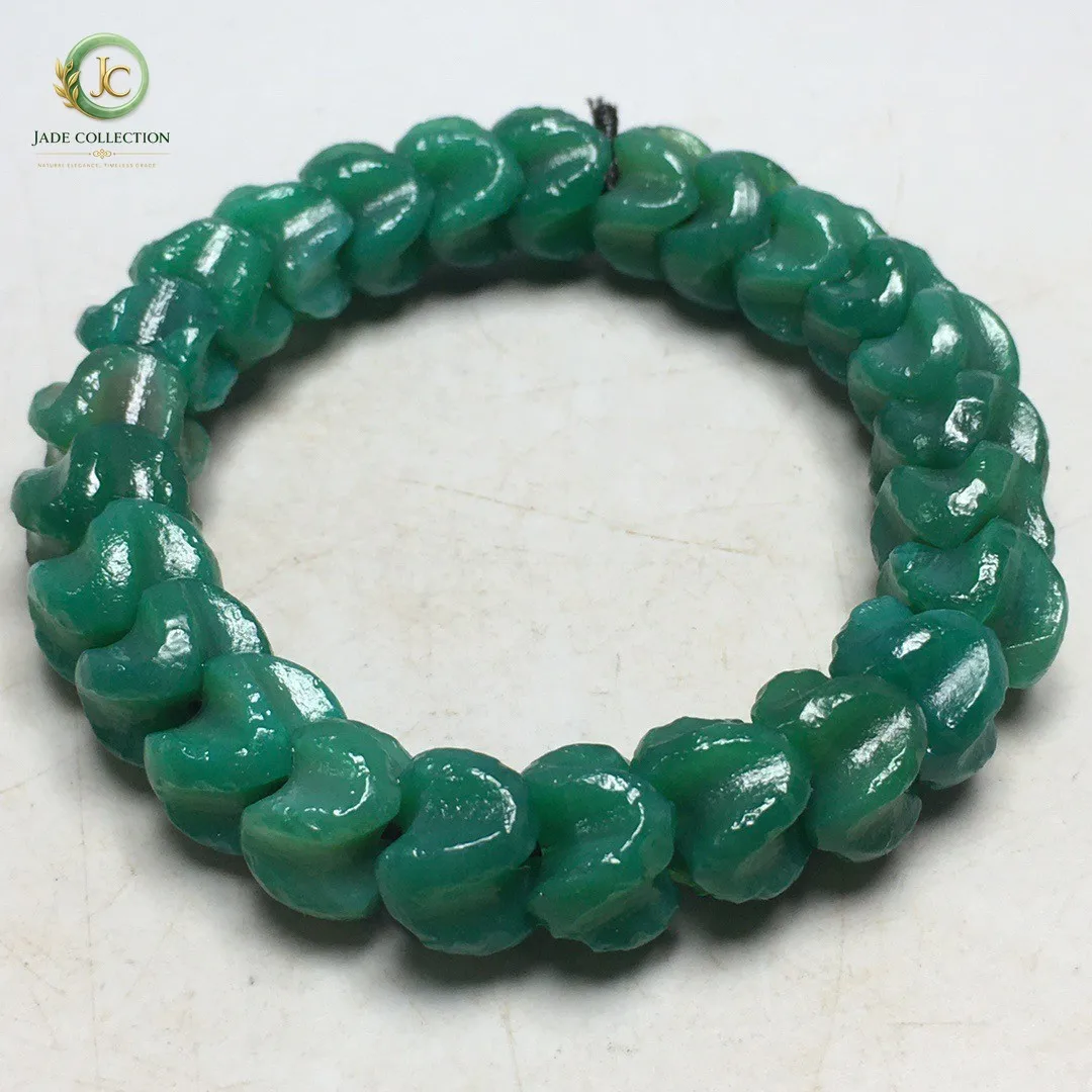 Tibetan Natural Green Old Agate Dzi Snake Bones Bead Amulet Bracelet S0326