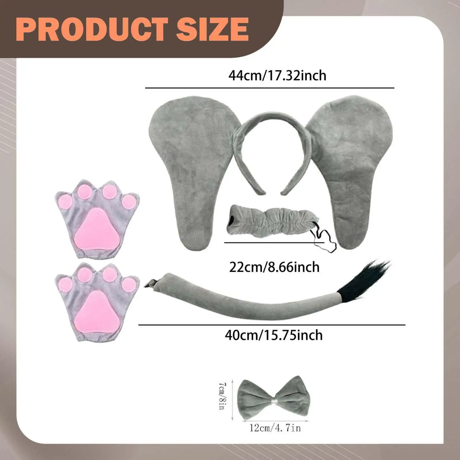 Kids Decorative Hairband Elephant Cosplay Costume Set Animal Ears Nose Tail Bowtie for Dance Performance Party