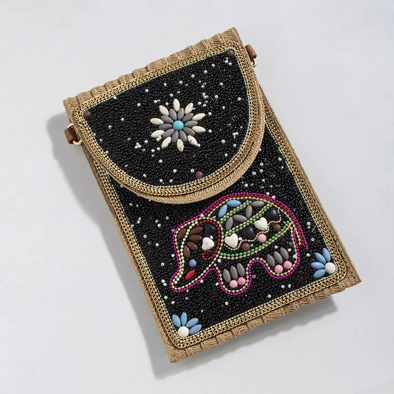 Bohemian Beaded Turquoise Pattern Straw Woven Small Crossbody Shoulder Bag Women's Coin Purse Phone Bag