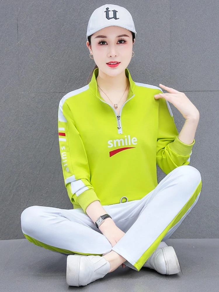 Spring Autumn New Sportswear Suits Fashion Loose Stand Collar Square Dancing Slim Running Casual Wear Women Clothing