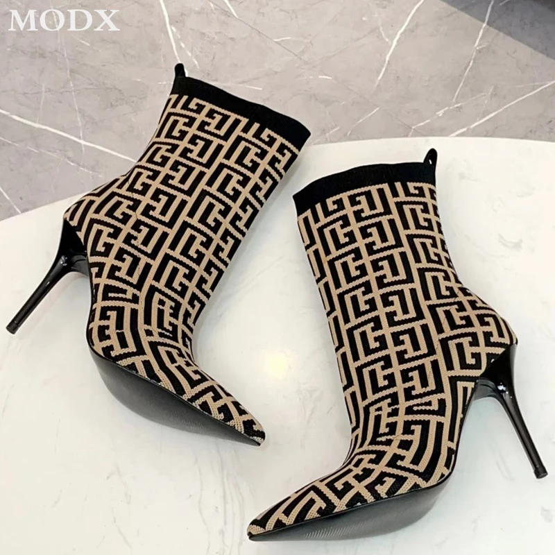 Stretch Fabric Ankle Boots Fashion Thin Heel Mixed Color Pointed Toe Short Boots for Women Sexy Luxury Runway Shoes Botas Mujer