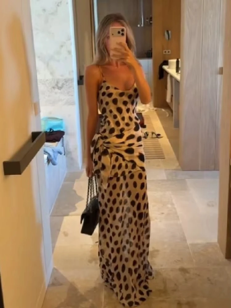 Trendy Slip Dress Animal Print V-neck Ruched Drawstring Sexy Maxi Women Dresses Party Stylish Retro Summer Street Outfits