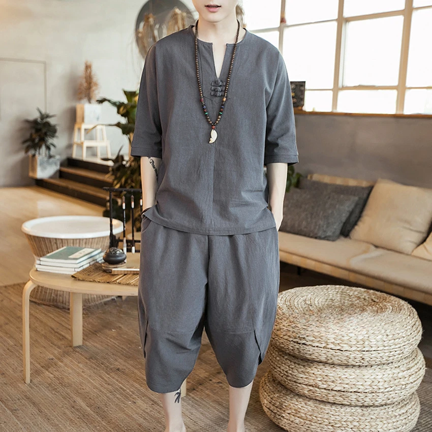 Chinese Style Men Hanfu T Shirt Trousers Tang Suit Traditional Kung Fu Uniform Japanese Blouse Tops Wide Leg Jogger Harem Pants