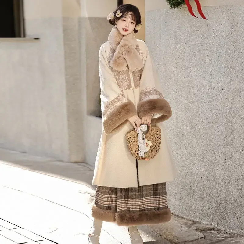 سترة صوف صينية أصلية جديدة للسيدات من Hanfu لعام 2026 طقم تنورة منقوشة من الصوف السميك للخريف والشتاء ملابس صينية تقليدية