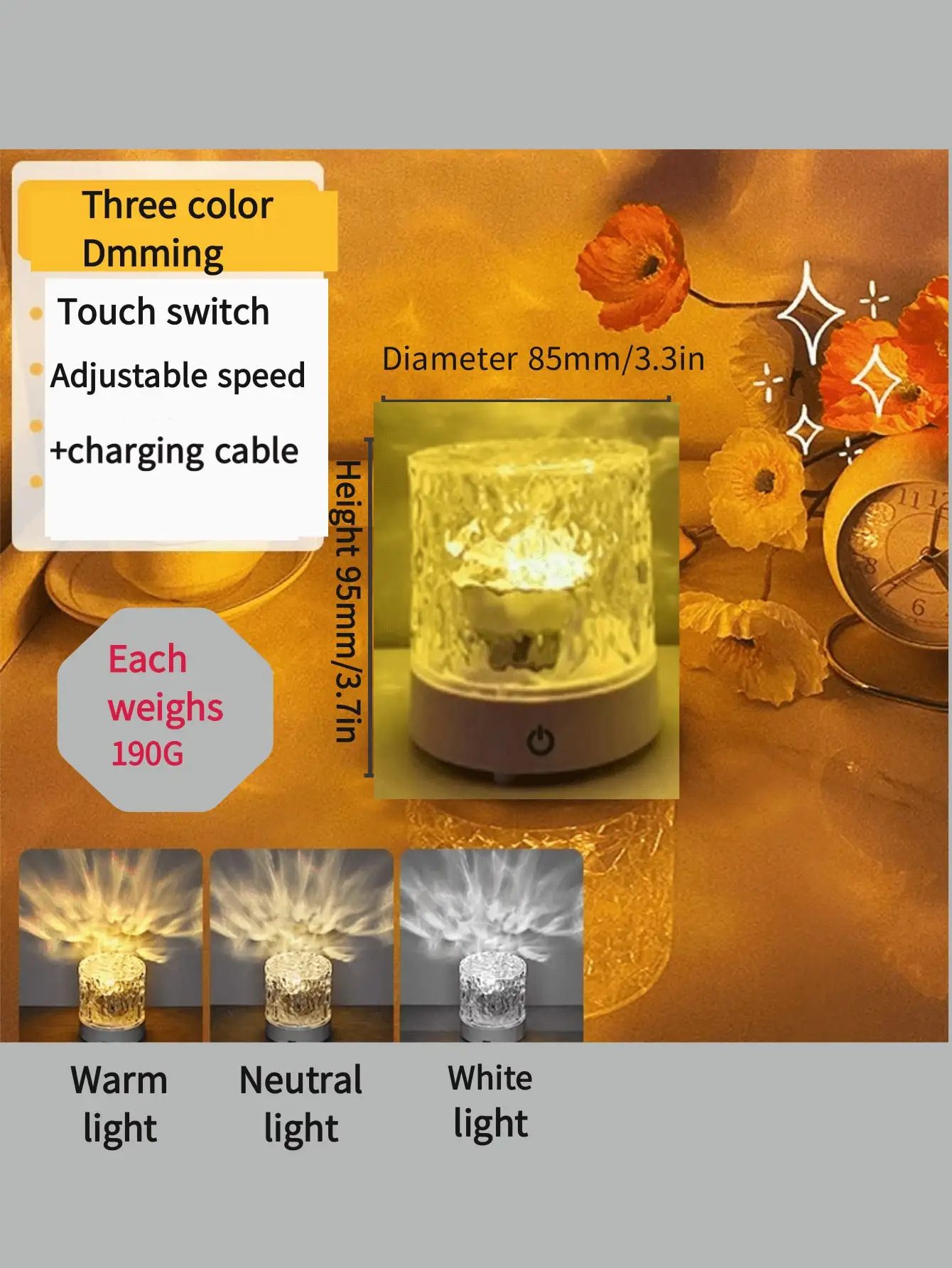 , Luz noturna rotativa USB, luz de cabeceira para quarto com padrão de água, luz de atmosfera de chama